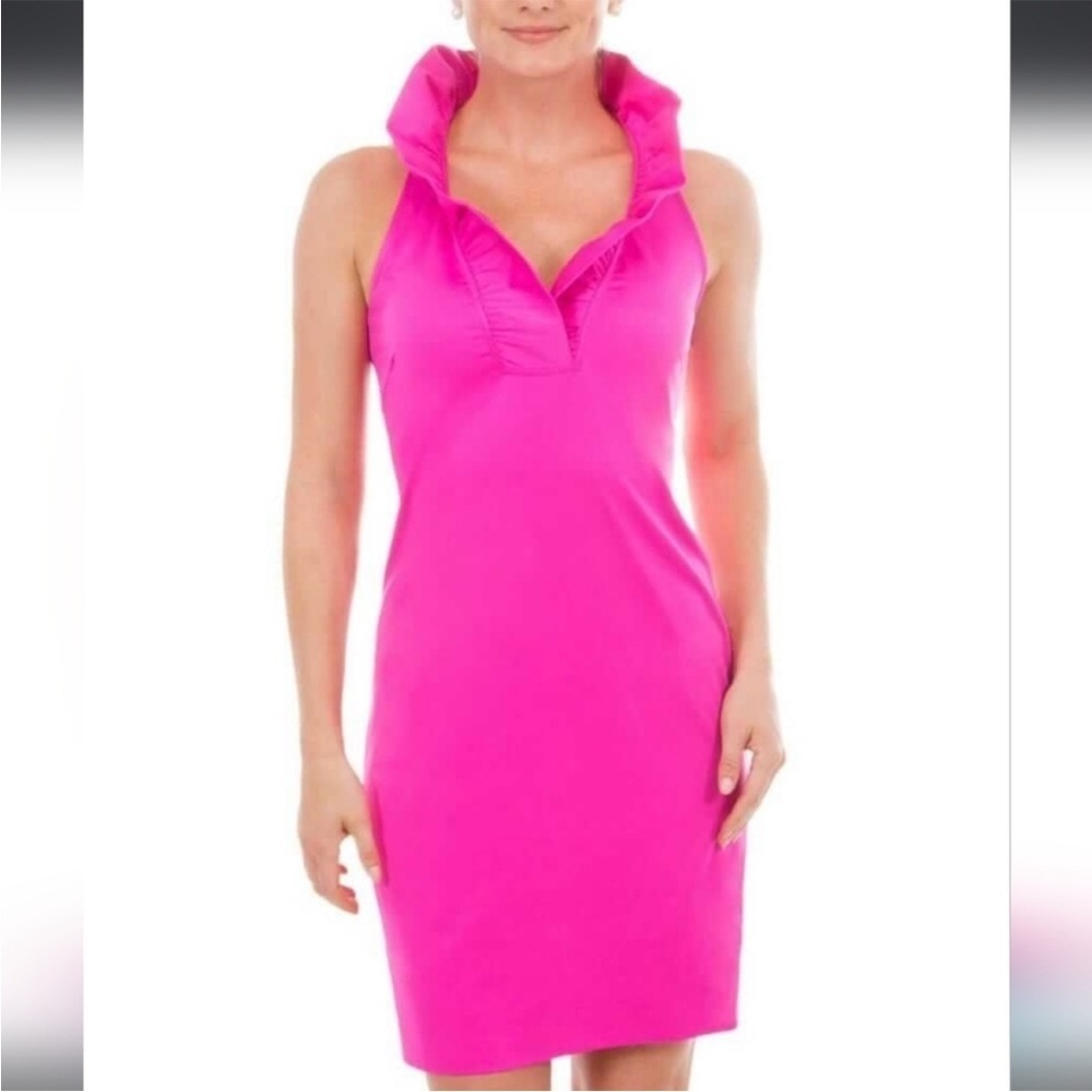 Gretchen Scott Pink Ruffneck V-neck Sleeveless Jersey Dress